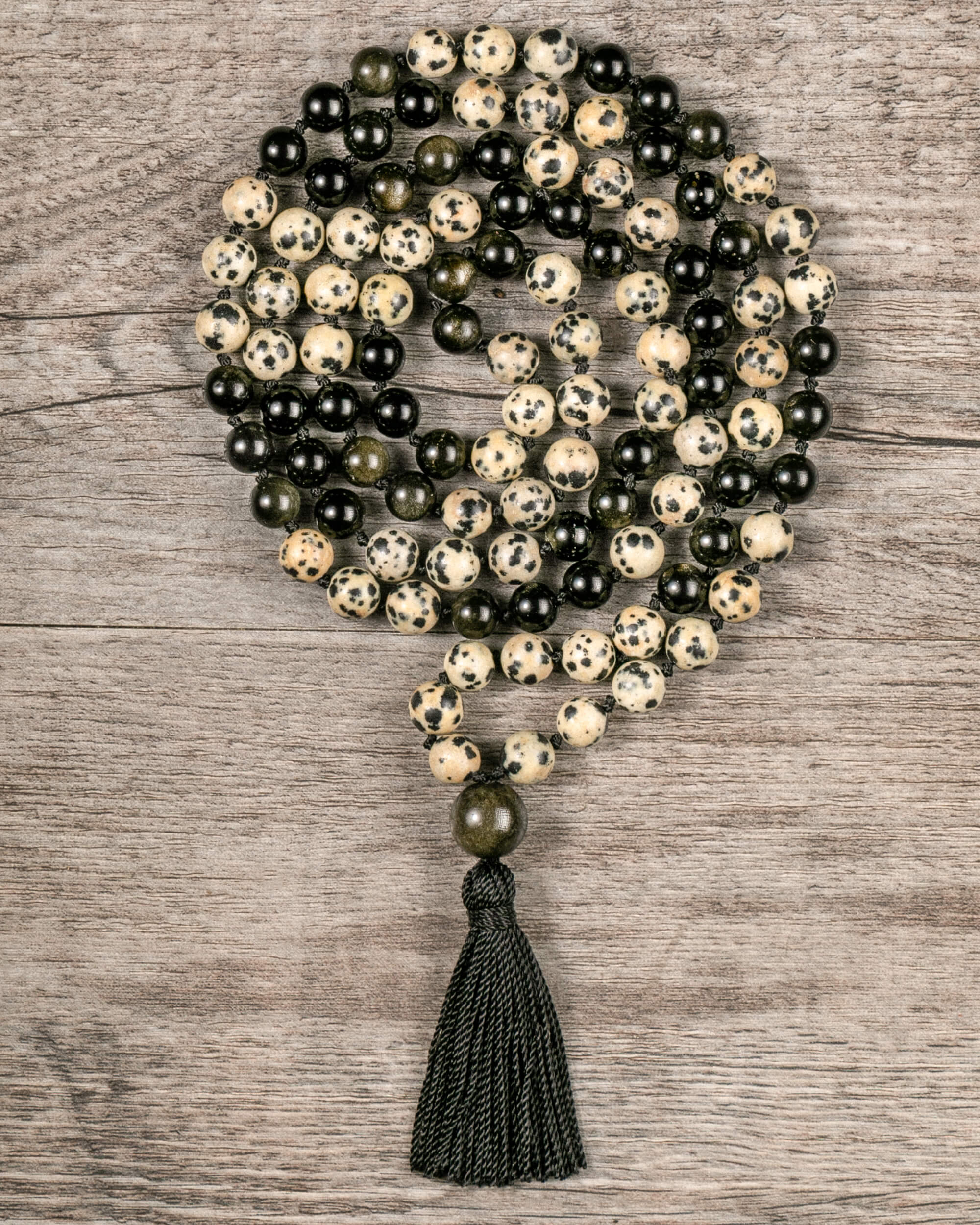 Japa Mala de Jaspe Dálmata y Obsidiana Dorada (8 mm)