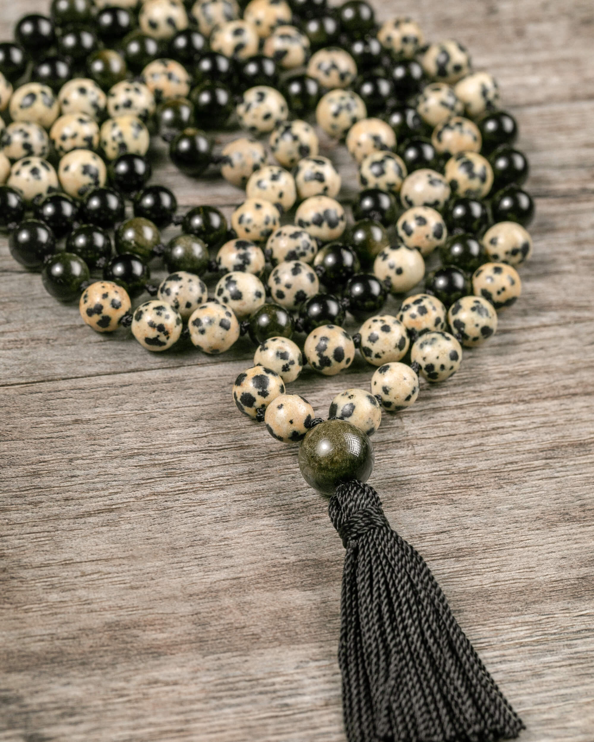 Japa Mala de Jaspe Dálmata y Obsidiana Dorada (8 mm)