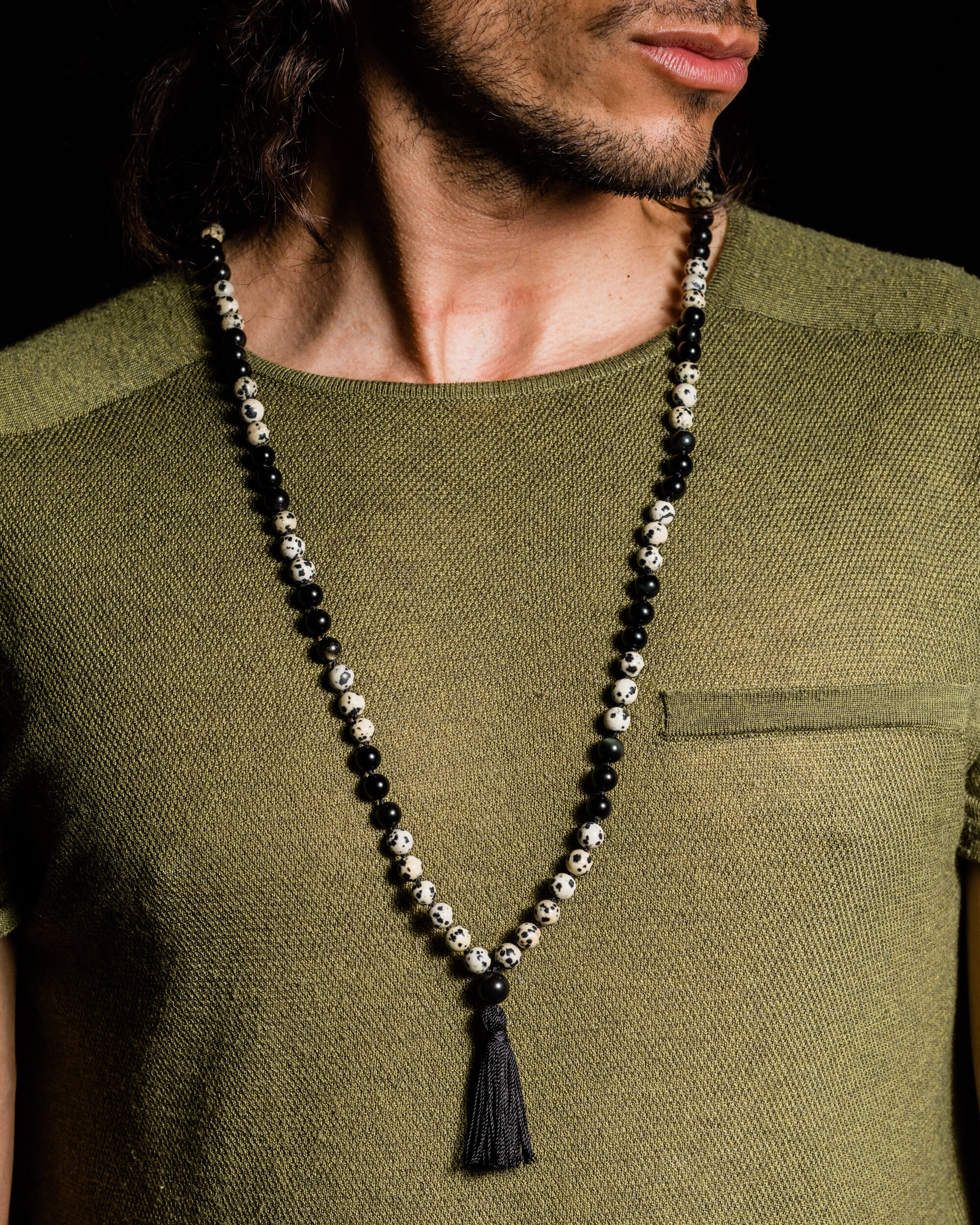 Japa Mala de Jaspe Dálmata y Obsidiana Dorada (8 mm)