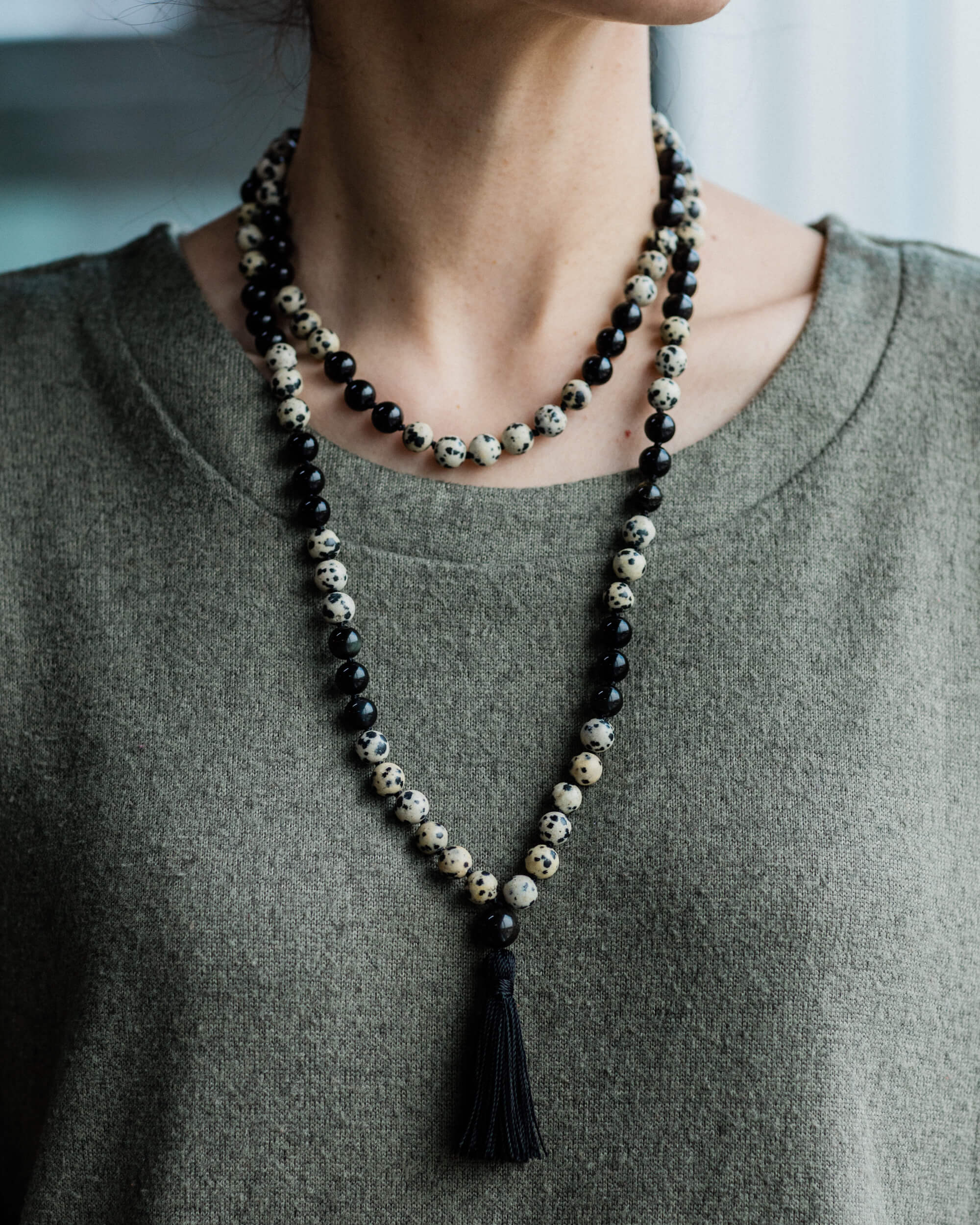 Japa Mala de Jaspe Dálmata y Obsidiana Dorada (8 mm)