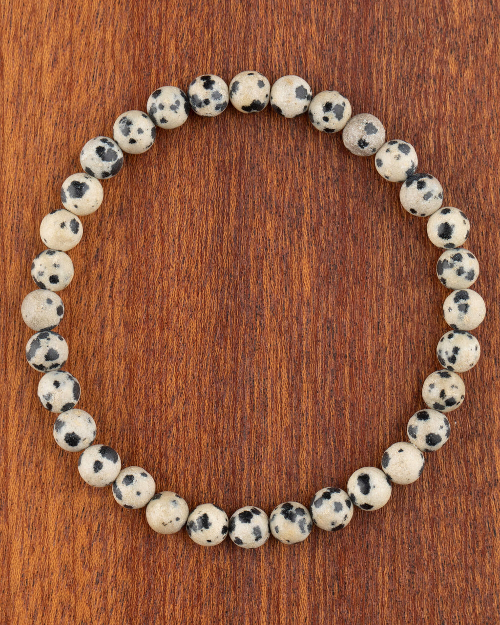 Pulsera de Jaspe Dálmata de 6 mm, pieza completa en círculo sobre madera