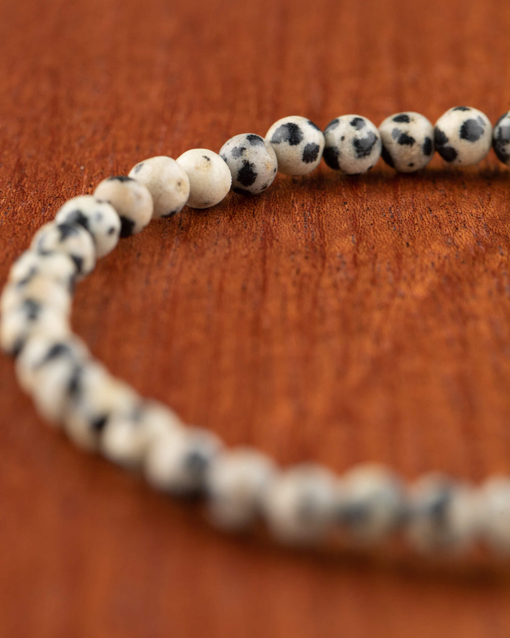 Pulsera de Jaspe Dálmata en curva, ángulo cercano sobre madera