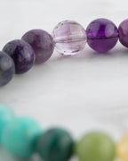 Detalle macro de cuentas moradas y violeta, una facetada y transparente, de la Pulsera 7 Chakras