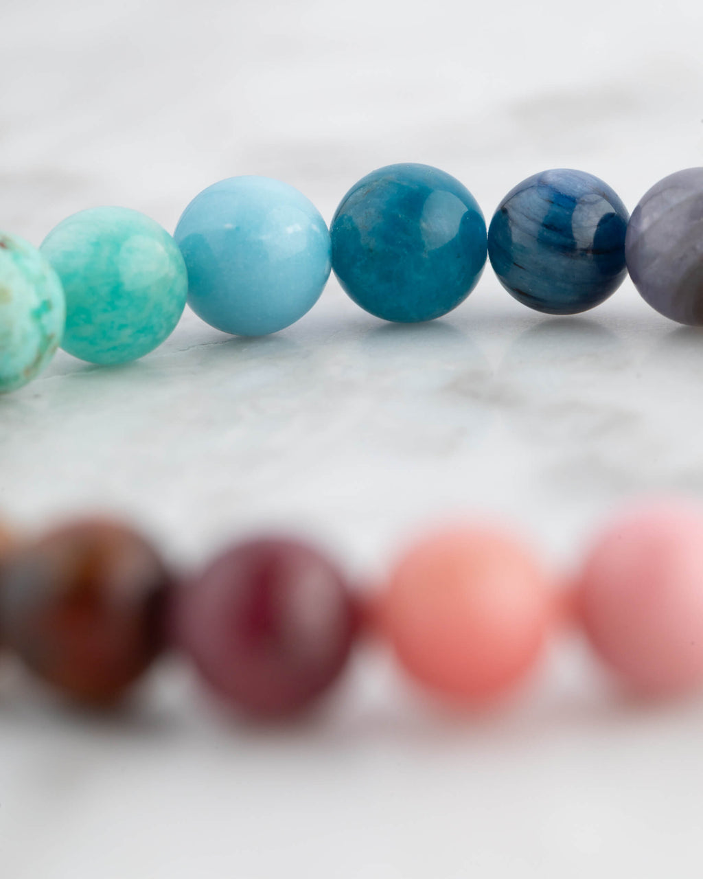 Detalle macro de cuentas turquesa, azules y gris de la Pulsera 7 Chakras