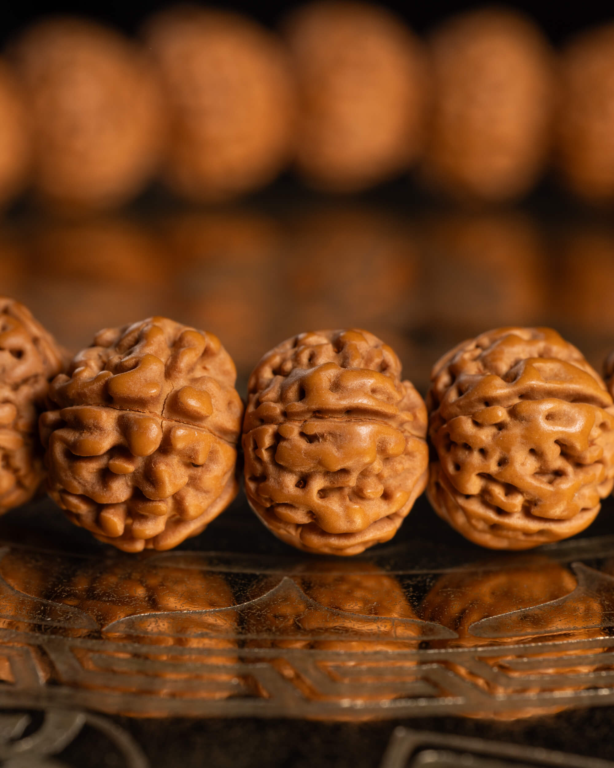 Detalle macro de las semillas de Rudraksha con relieve profundo y su reflejo en la placa