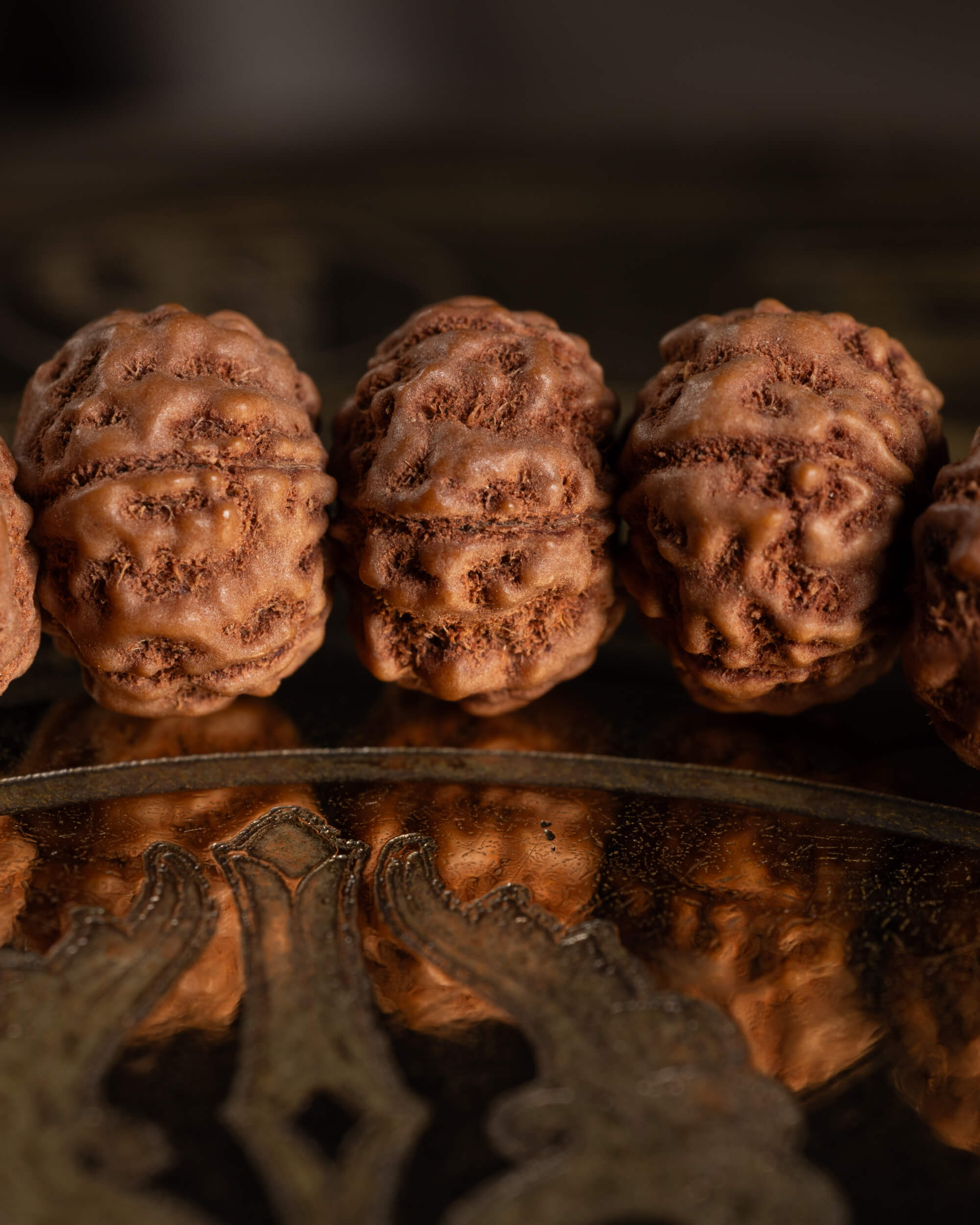Detalle macro de las semillas de Rudraksha con su textura natural surcada