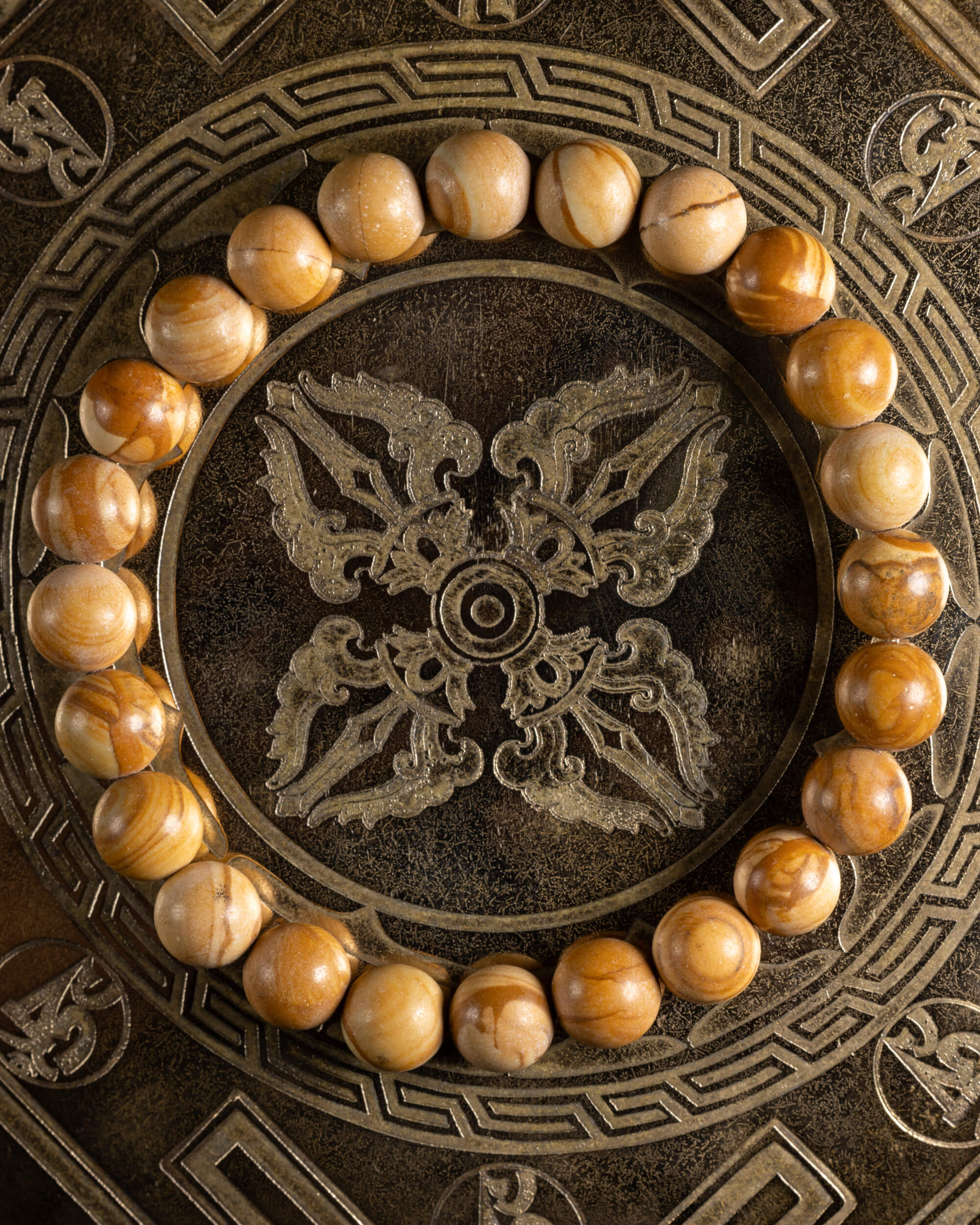 Pulsera de Jaspe Madera de 8 mm, pieza completa sobre disco grabado oscuro