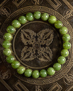Pulsera de Jade Verde de 8 mm, pieza completa sobre placa de bronce grabada