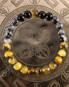 Pulsera Horus de 8 mm con Ámbar, Turmalina Negra, Obsidiana Copo de Nieve y Cuarzo Turmalinado