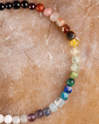 Detalle macro del degradado de cuentas de la pulsera Unidad, de tonos oscuros a azules