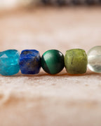 Detalle macro de las cuentas de Topacio Azul, Lapislázuli, Malaquita, Jade Verde y Fluorita