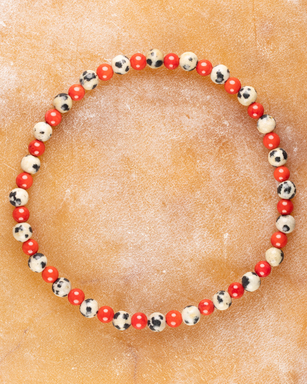 Pulsera de Jaspe Dálmata y Coral Rojo, pieza completa en círculo sobre superficie clara
