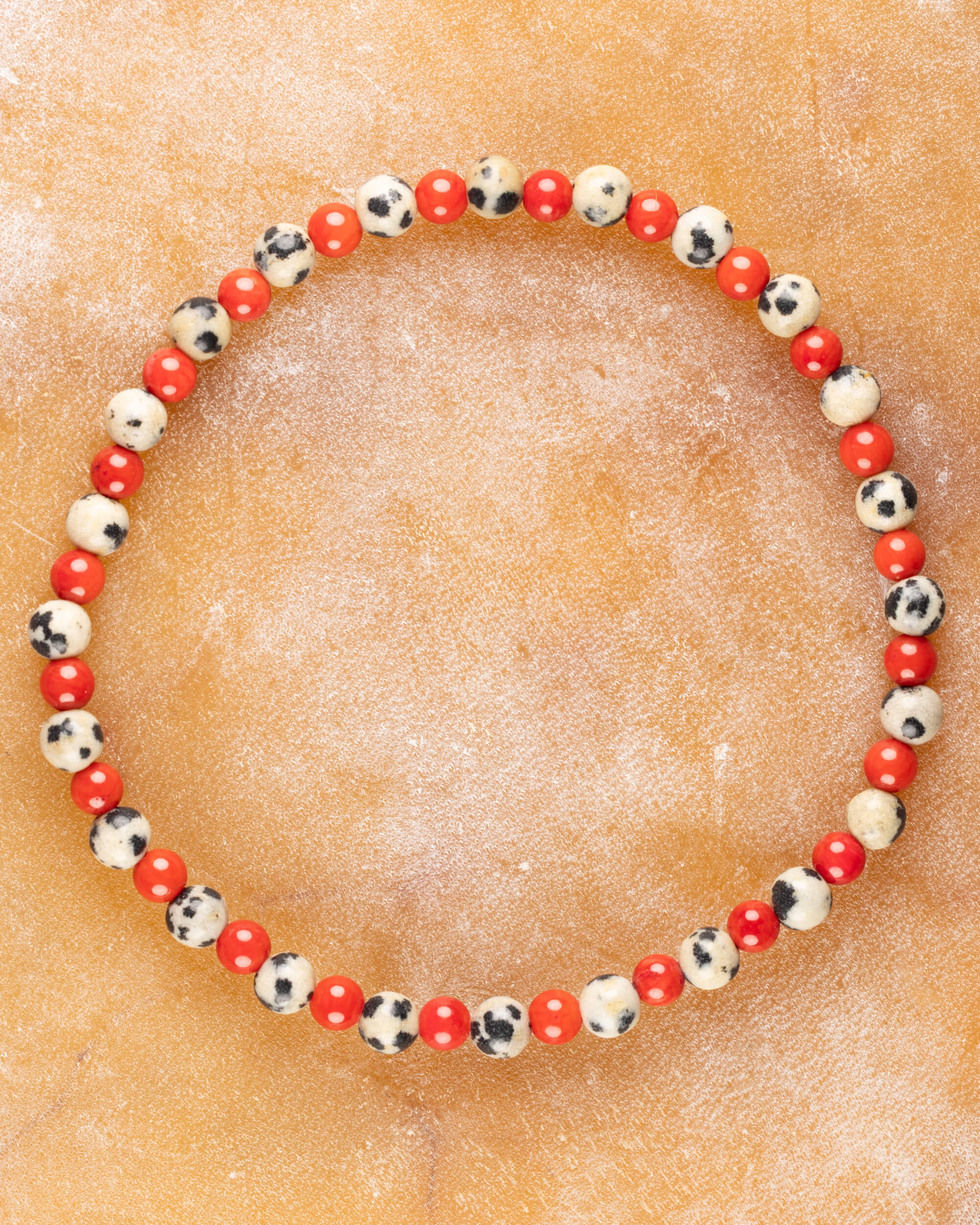 Pulsera de Jaspe Dálmata y Coral Rojo, pieza completa en círculo sobre superficie clara