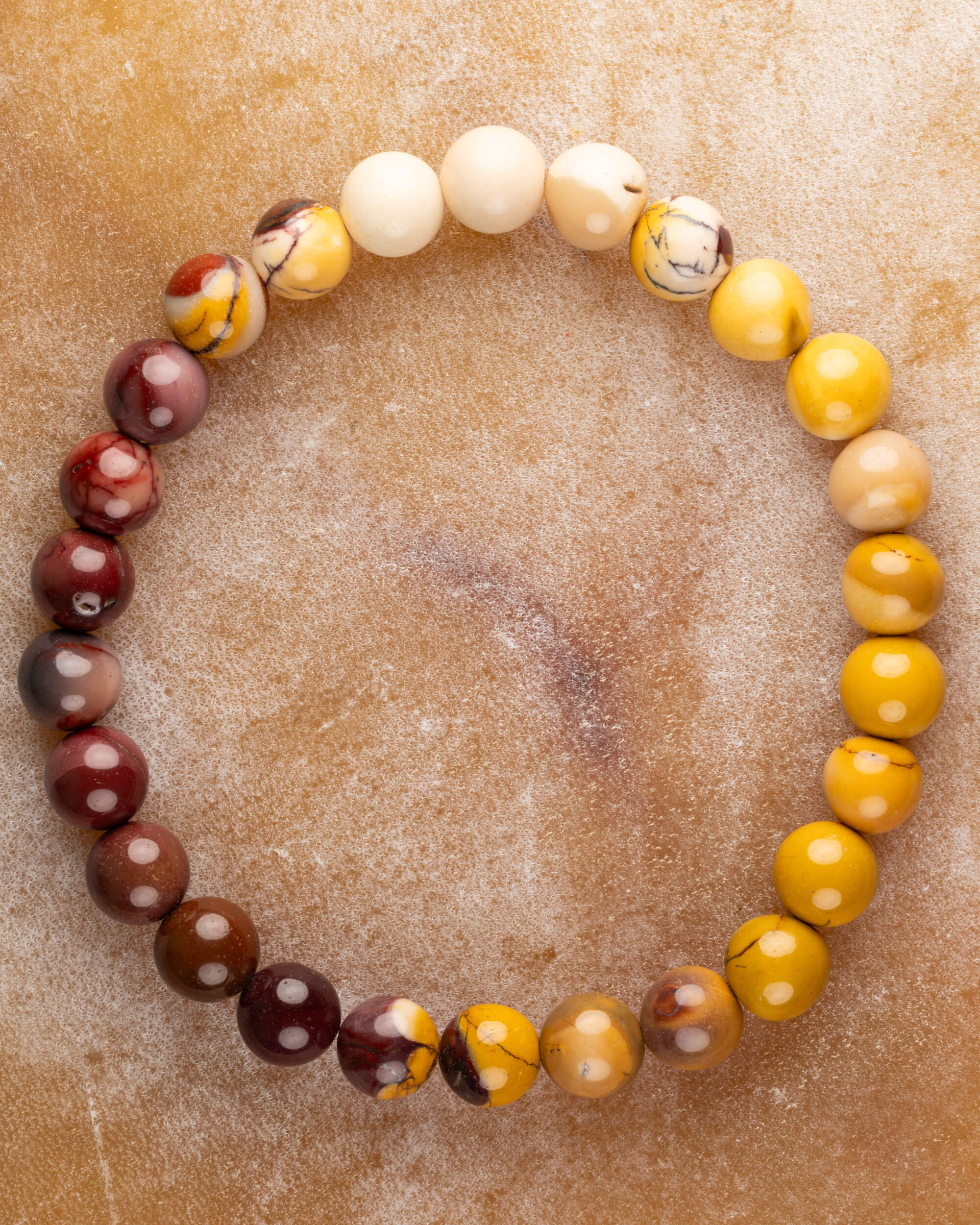 Pulsera de Jaspe Mokaita de 8 mm, pieza completa en círculo con tonos amarillo y vino