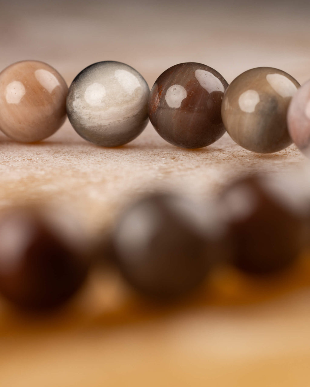 Detalle macro de cinco cuentas de Madera Petrificada en distintos tonos