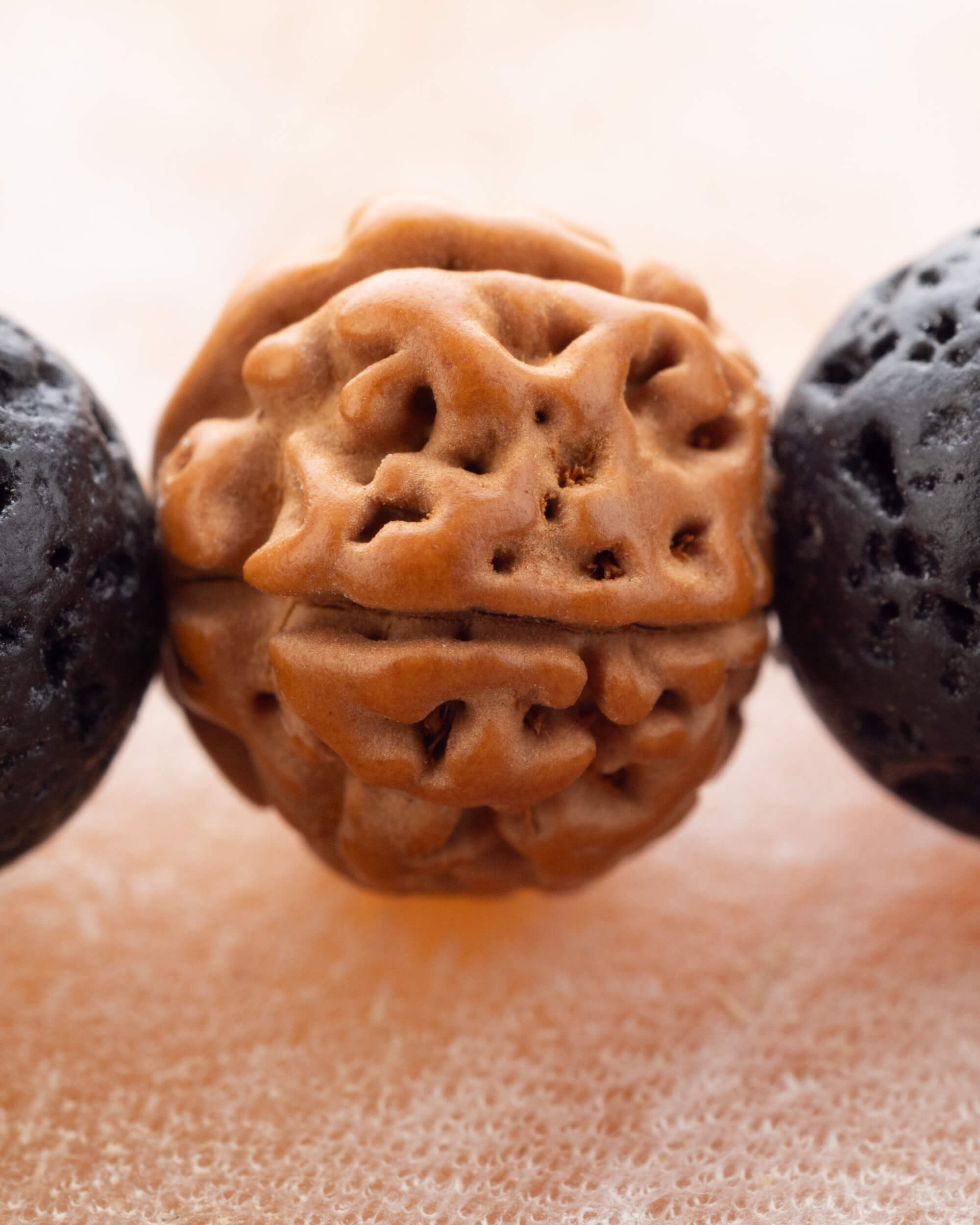 Detalle macro de la Semilla de Rudraksha entre cuentas de Piedra Volcánica