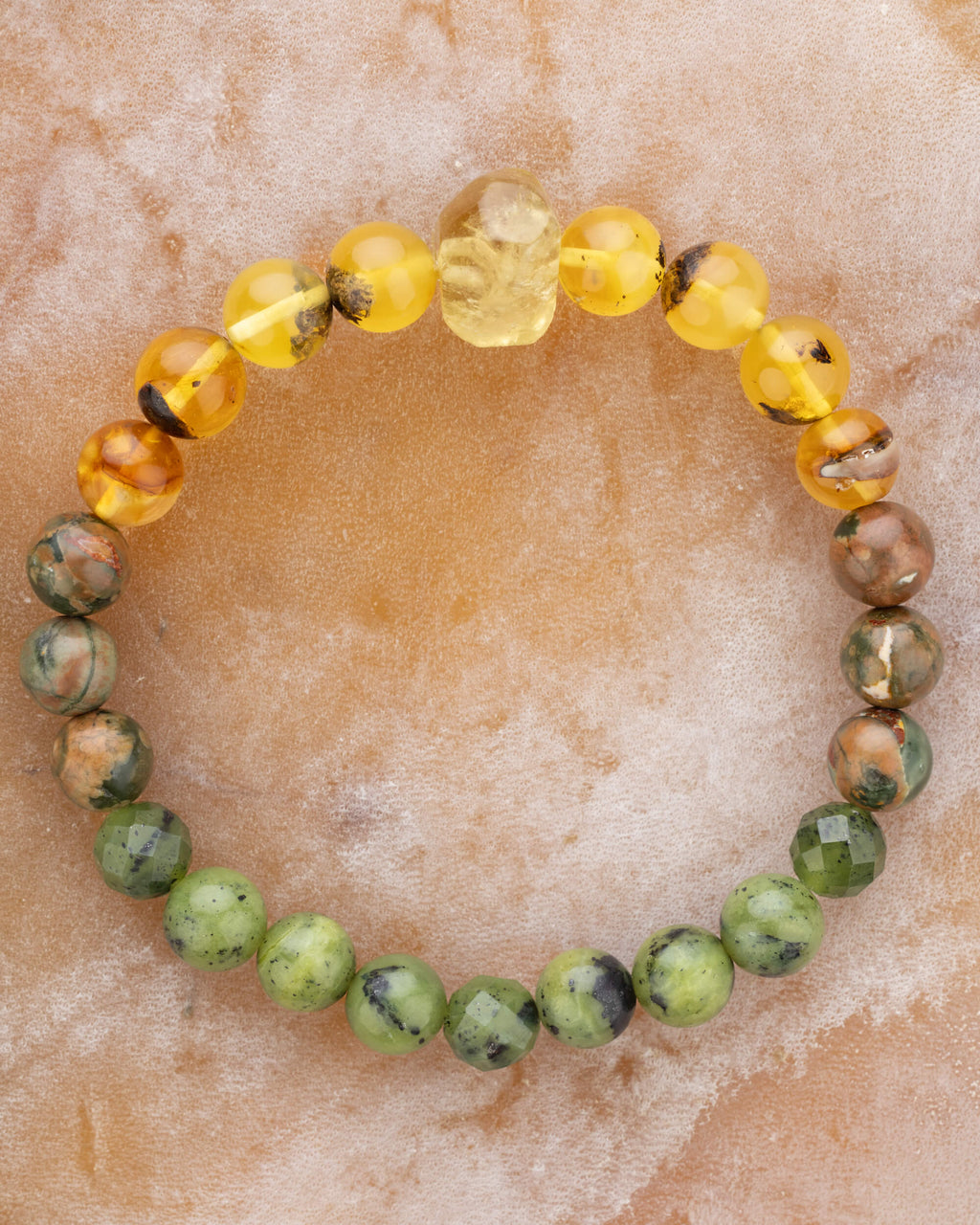 Pulsera Zodiacal Tauro de 8 mm, pieza completa con Cuarzo Limón, Ámbar, Jaspe Selva Tropical y Jade Verde