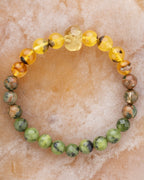 Pulsera Zodiacal Tauro de 8 mm, pieza completa con Cuarzo Limón, Ámbar, Jaspe Selva Tropical y Jade Verde