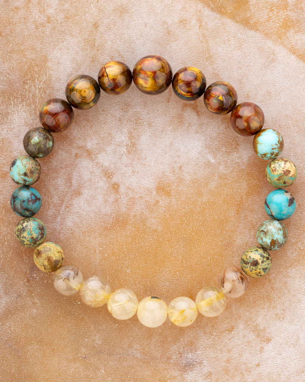 Pulsera Zodiacal Géminis de 8 mm, pieza completa con Pietersita, Turquesa y Cuarzo Rutilado