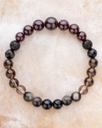 Pulsera completa con esferas de Granate Estrella, Turmalina Negra, Obsidiana Plateada y Cuarzo Ahumado