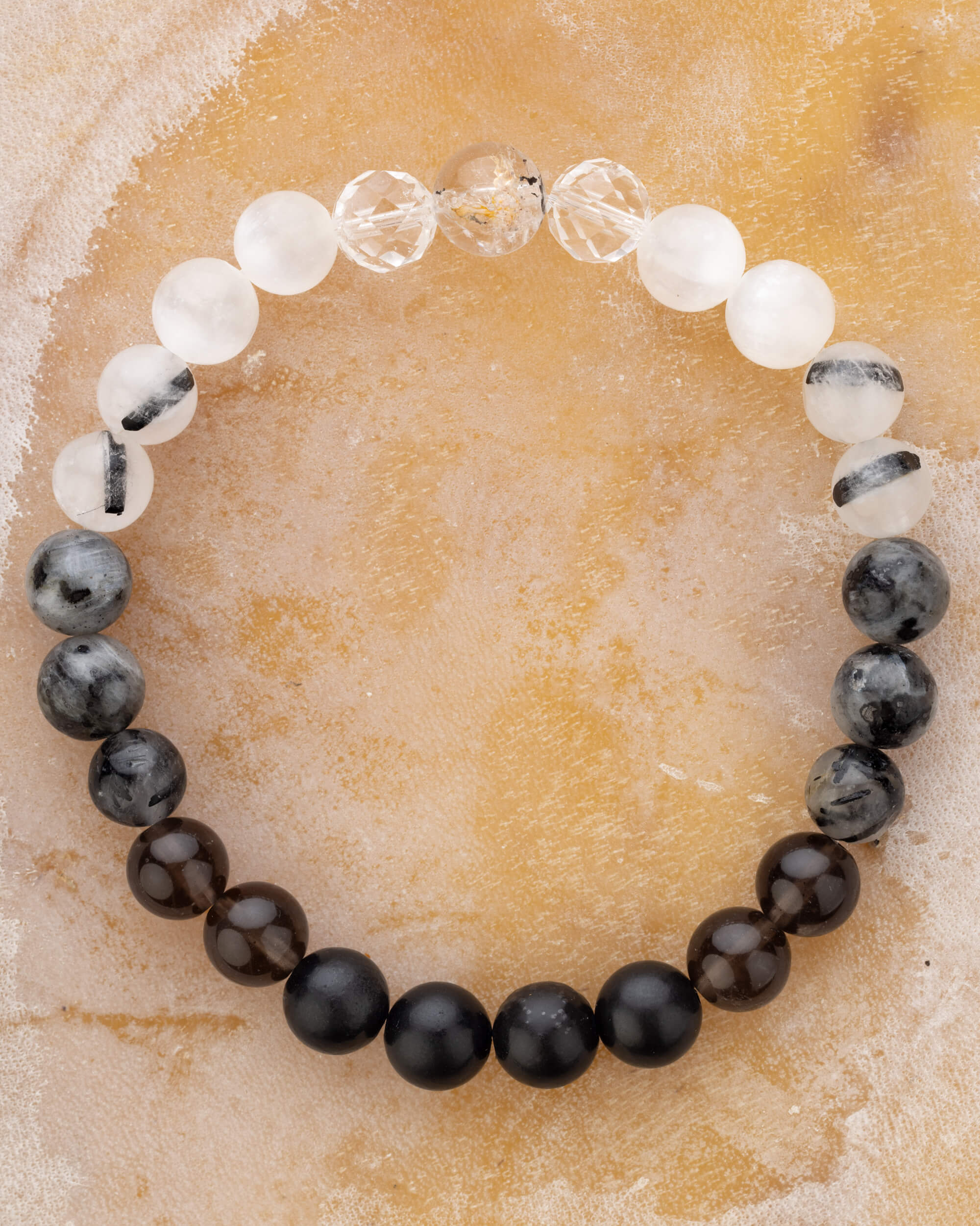 Pulsera completa con esferas de Shungita, Larvikita, Cuarzo Turmalinado y Cuarzo facetado