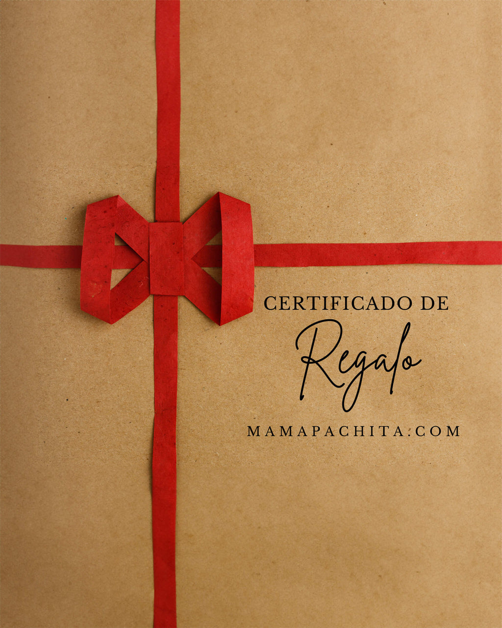 Certificado de regalo de Mamapachita sobre papel kraft con moño rojo