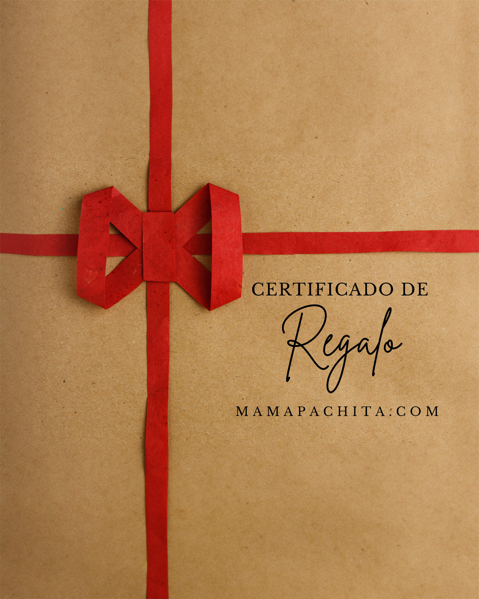 Certificado de regalo de Mamapachita sobre papel kraft con moño rojo