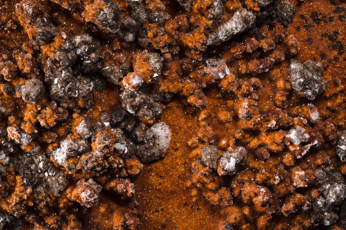 Fotografía macro de la Calcita con Drusa de Cuarzo y Goethita: costra naranja con racimos de cristales grises y blancos. Serie La Disolución, cuadro 19.