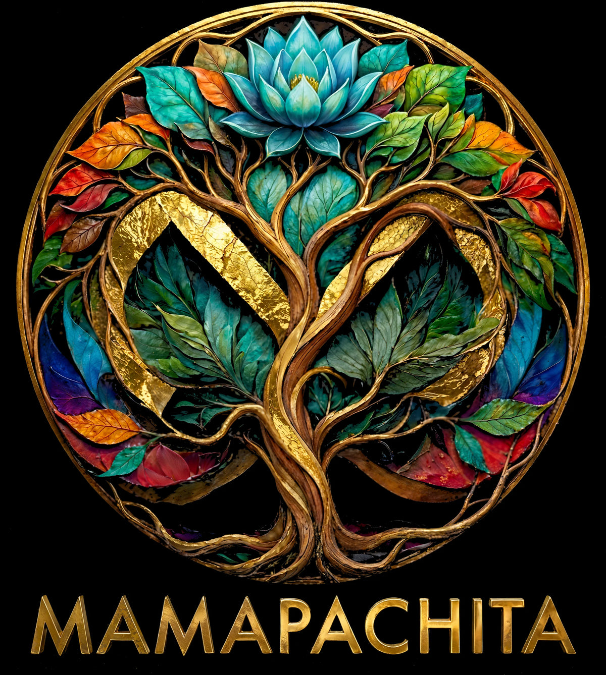 Logo de Mamapachita: árbol de la vida con cristales en turquesa, esmeralda, rubí y detalles dorados