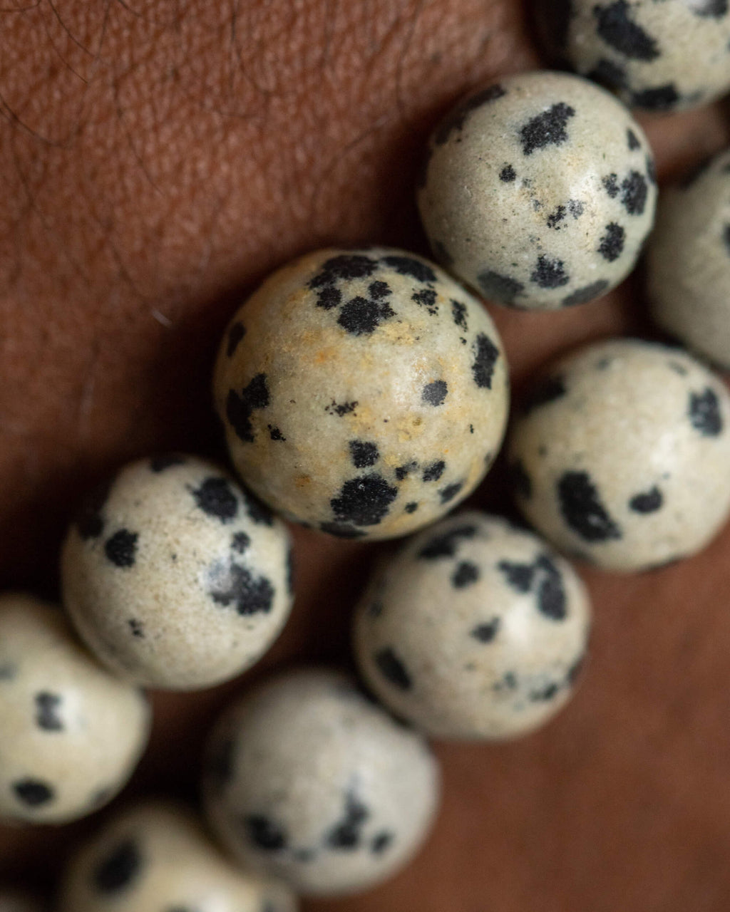 Detalle macro de las cuentas de Jaspe Dálmata con sus manchas negras características